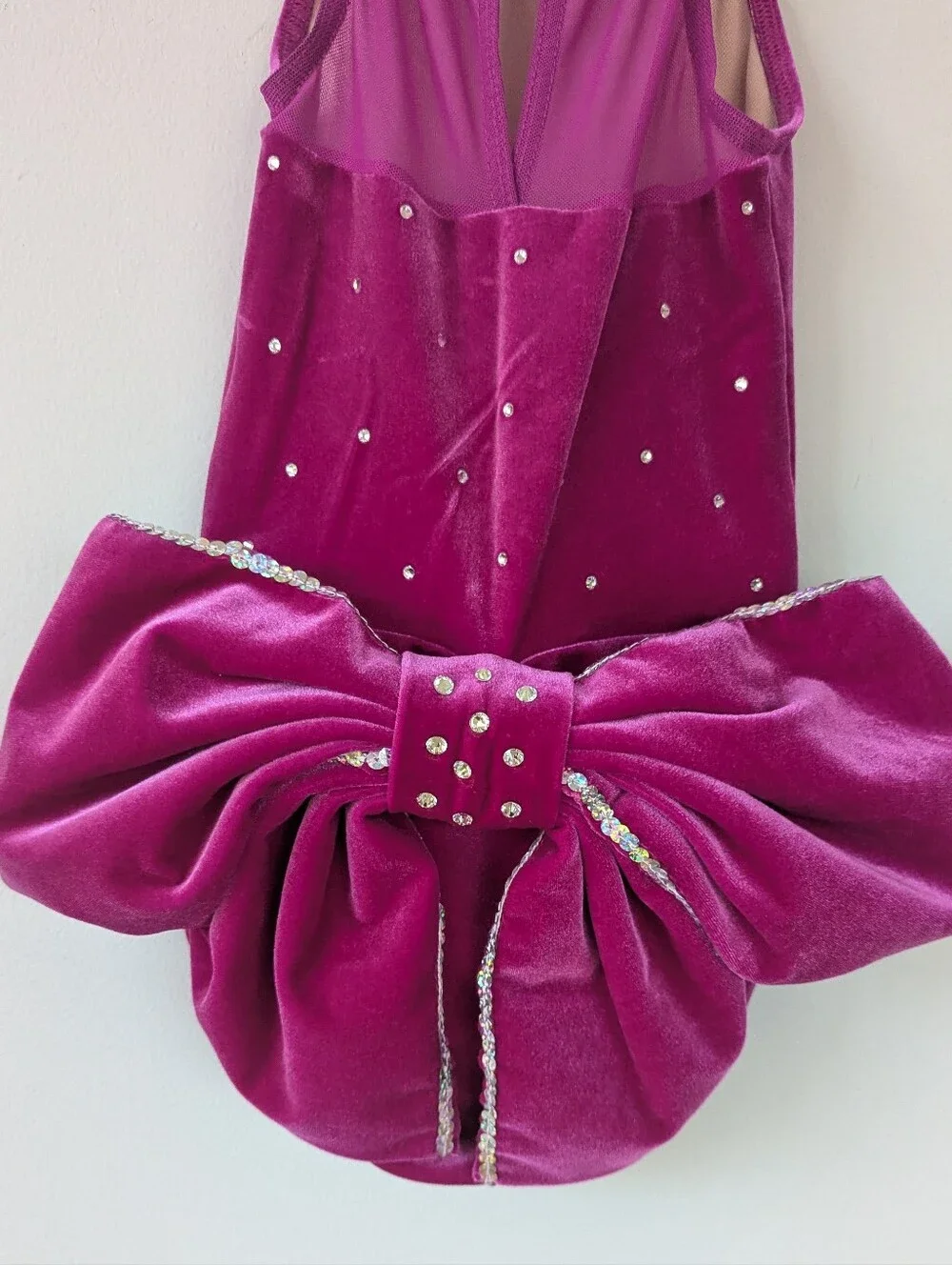 Weissman Girls Magenta Pink Velvet Rhinestone Leotard W/ Big Bow Dance Costume
